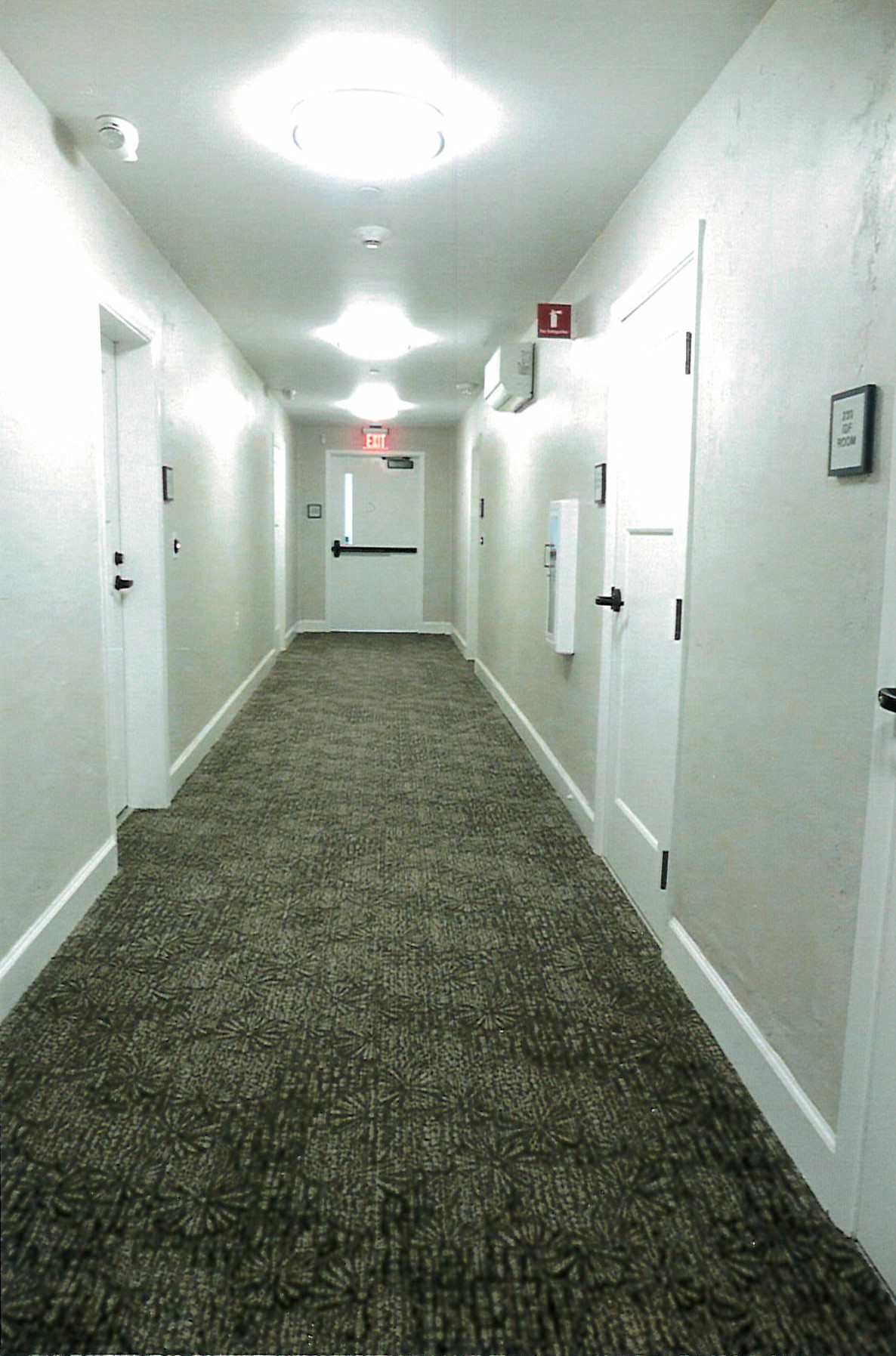 Renovated second level corridor, removed drop ceiling, new doors and carpeting 